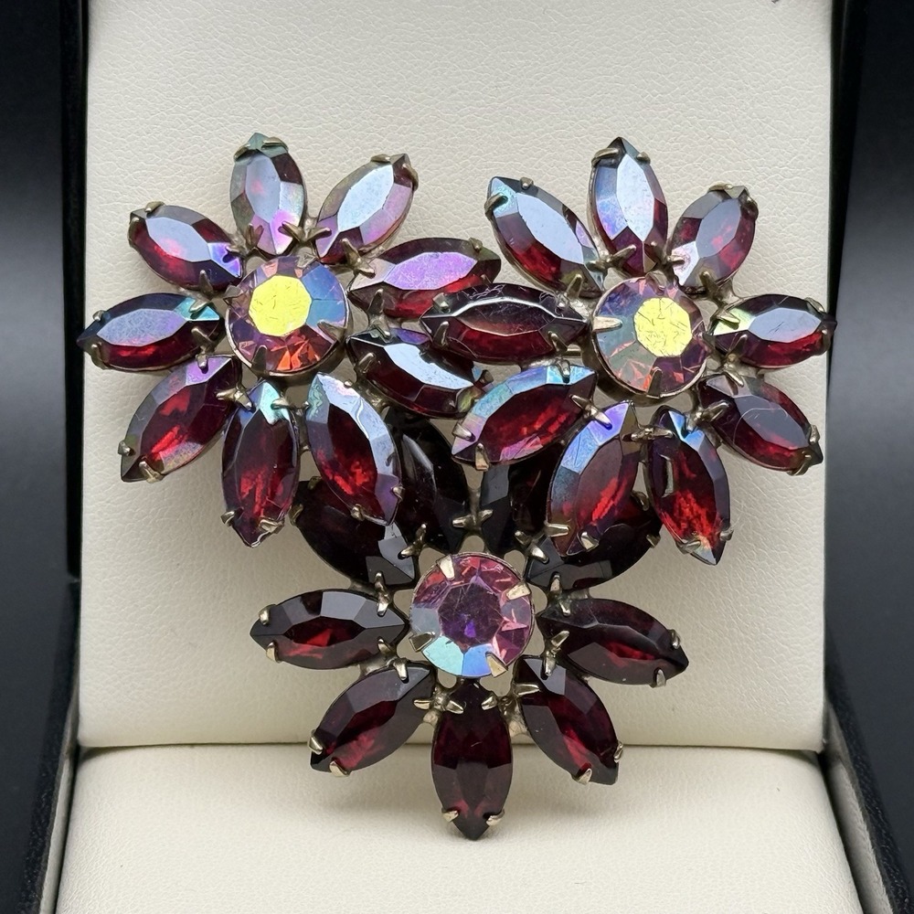 Vtg Ruby Red Navette Rhinestone & Aurora Borealis Crystal Brooch Flower Power